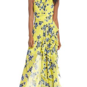 NWOT - Eliza J Floral Chiffon Gown - Yellow/Blue Print